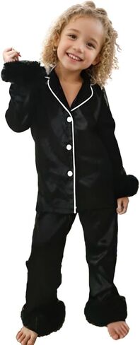 الفتيات ساتين 𝗣ajamas طفل صغير 2 قطعة زر أسفل 𝐍ightwear ريش in Kuwait