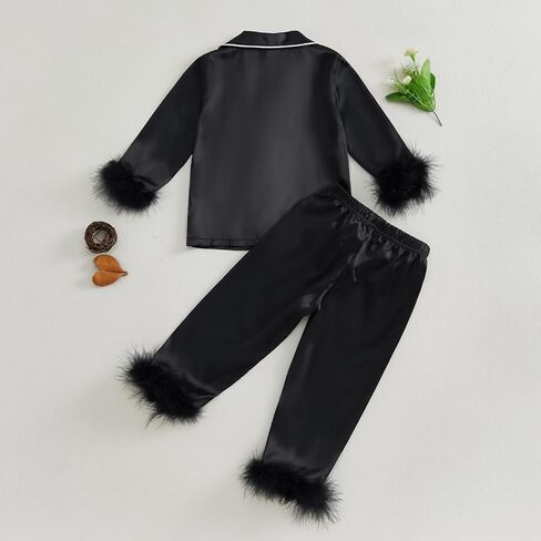 الفتيات ساتين 𝗣ajamas طفل صغير 2 قطعة زر أسفل 𝐍ightwear ريش in Kuwait