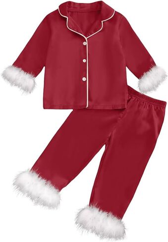 الفتيات ساتين 𝗣ajamas طفل صغير 2 قطعة زر أسفل 𝐍ightwear ريش in Kuwait