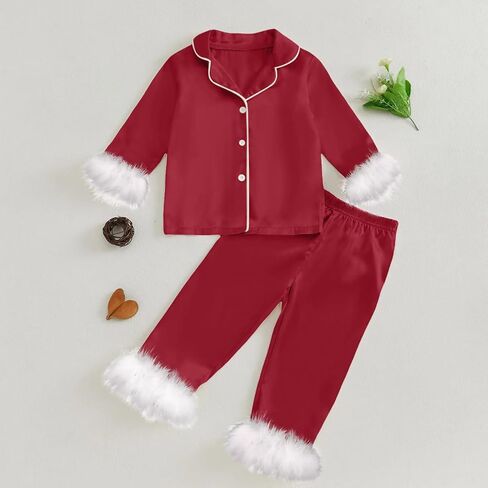 الفتيات ساتين 𝗣ajamas طفل صغير 2 قطعة زر أسفل 𝐍ightwear ريش in Kuwait