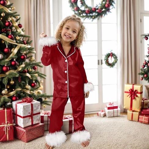 الفتيات ساتين 𝗣ajamas طفل صغير 2 قطعة زر أسفل 𝐍ightwear ريش in Kuwait
