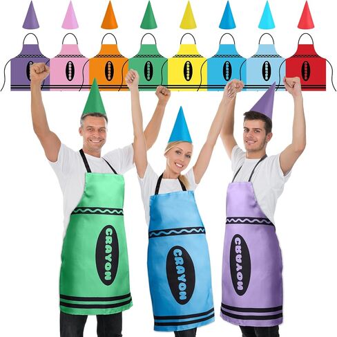 gisgfim 8 Set Crayon Costume Colorful Crayon Apron and Funny Gnome Cone Hats Crayons Suit Outfit for Adults Men Women Family Group Teacher Fancy Dress Back to School Halloween Cosplay Dress up in Saudi Arabia