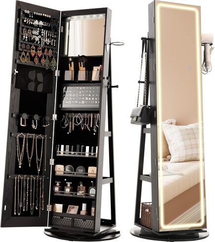 IRONCK LED Mirror Jewelry Cabinet Standing, 360° Swivel Lockable Jewelry Armoire with Full Length Mirror and Adjustable LED Lights, Jewelry Organizers and Storage with 3 Storage Shelves, White in Saudi Arabia