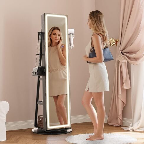 IRONCK LED Mirror Jewelry Cabinet Standing, 360° Swivel Lockable Jewelry Armoire with Full Length Mirror and Adjustable LED Lights, Jewelry Organizers and Storage with 3 Storage Shelves, White in Saudi Arabia
