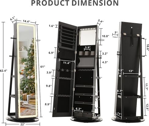 IRONCK LED Mirror Jewelry Cabinet Standing, 360° Swivel Lockable Jewelry Armoire with Full Length Mirror and Adjustable LED Lights, Jewelry Organizers and Storage with 3 Storage Shelves, White in Saudi Arabia