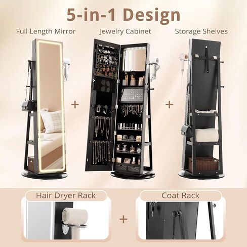 IRONCK LED Mirror Jewelry Cabinet Standing, 360° Swivel Lockable Jewelry Armoire with Full Length Mirror and Adjustable LED Lights, Jewelry Organizers and Storage with 3 Storage Shelves, White in Saudi Arabia