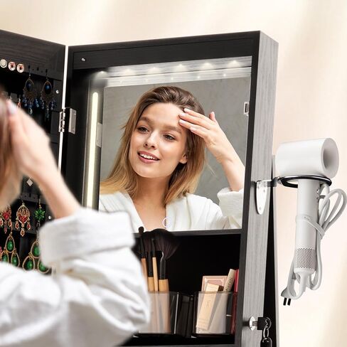 IRONCK LED Mirror Jewelry Cabinet Standing, 360° Swivel Lockable Jewelry Armoire with Full Length Mirror and Adjustable LED Lights, Jewelry Organizers and Storage with 3 Storage Shelves, White in Saudi Arabia