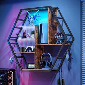 Floating Shelves with Lights, Led Shelves for Wall, Gaming Room Decor Display Shelf, Lighted Bar Shelves, Extra Hanging Hooks Storage, Sturdy Fast Assembly Great Weight Capacity-Rustic Brown in Saudi Arabia