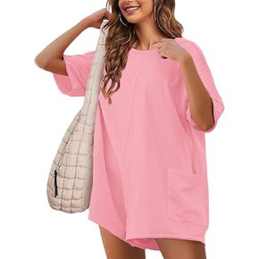 NTSWZYS Rompers for Women Casual Oversized Athletic Jumpsuits Short Sleeve Workout Overalls Hot Shot Tee Romper with Pockets in Saudi Arabia