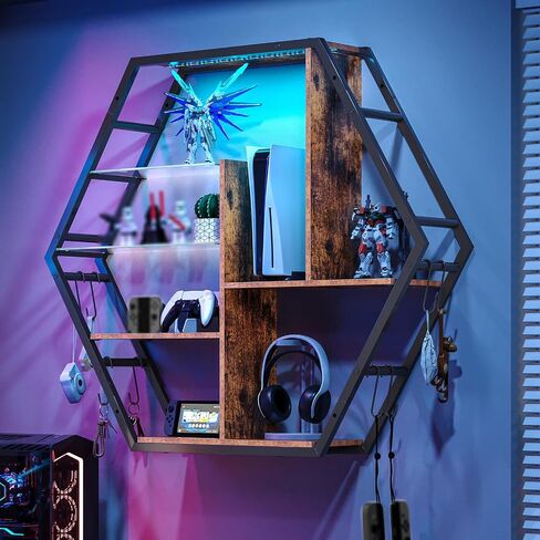 Floating Shelves with Lights, Led Shelves for Wall, Gaming Room Decor Display Shelf, Lighted Bar Shelves, Extra Hanging Hooks Storage, Sturdy Fast Assembly Great Weight Capacity-Rustic Brown in Saudi Arabia