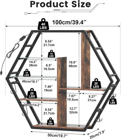 Floating Shelves with Lights, Led Shelves for Wall, Gaming Room Decor Display Shelf, Lighted Bar Shelves, Extra Hanging Hooks Storage, Sturdy Fast Assembly Great Weight Capacity-Rustic Brown in Saudi Arabia