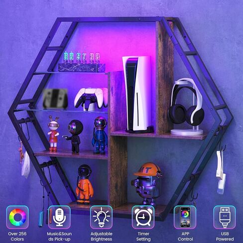Floating Shelves with Lights, Led Shelves for Wall, Gaming Room Decor Display Shelf, Lighted Bar Shelves, Extra Hanging Hooks Storage, Sturdy Fast Assembly Great Weight Capacity-Rustic Brown in Saudi Arabia