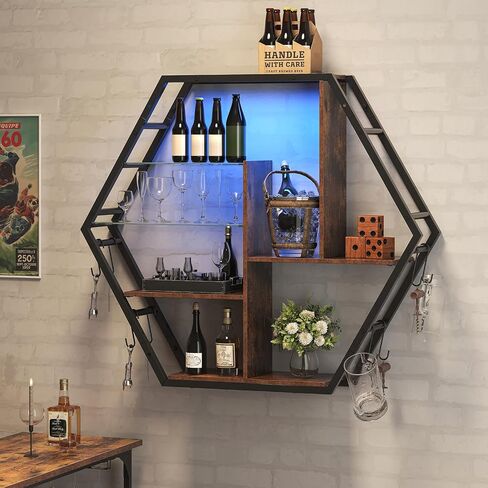 Floating Shelves with Lights, Led Shelves for Wall, Gaming Room Decor Display Shelf, Lighted Bar Shelves, Extra Hanging Hooks Storage, Sturdy Fast Assembly Great Weight Capacity-Rustic Brown in Saudi Arabia