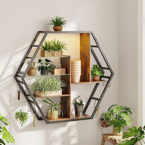 Floating Shelves with Lights, Led Shelves for Wall, Gaming Room Decor Display Shelf, Lighted Bar Shelves, Extra Hanging Hooks Storage, Sturdy Fast Assembly Great Weight Capacity-Rustic Brown in Saudi Arabia
