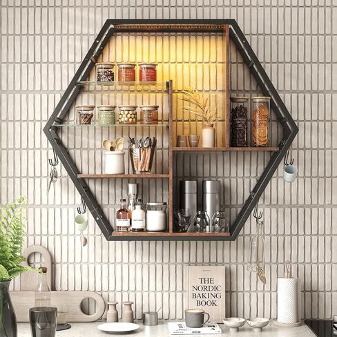 Floating Shelves with Lights, Led Shelves for Wall, Gaming Room Decor Display Shelf, Lighted Bar Shelves, Extra Hanging Hooks Storage, Sturdy Fast Assembly Great Weight Capacity-Rustic Brown in Saudi Arabia