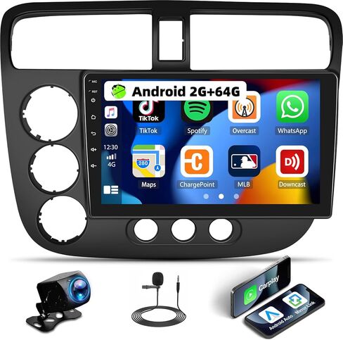 UNITOPSCI 2G+64G Android 13 Car Stereo Radio for Honda Civic 2000-2005 Wireless Apple CarPlay Android Auto, 9 Inch Touchscreen Bluetooth GPS Navigation Mirror Link WiFi/FM/USB/SWC + Backup Camera in Kuwait