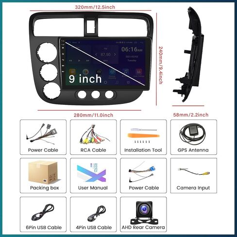 UNITOPSCI 2G+64G Android 13 Car Stereo Radio for Honda Civic 2000-2005 Wireless Apple CarPlay Android Auto, 9 Inch Touchscreen Bluetooth GPS Navigation Mirror Link WiFi/FM/USB/SWC + Backup Camera in Kuwait