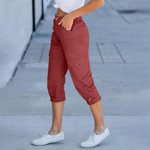 Womens Cargo Shorts Summer Cropped Capri Pants Rolled Hem Trousers Casual with Pockets Workout Outfits in Saudi Arabia