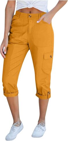 Womens Cargo Shorts Summer Cropped Capri Pants Rolled Hem Trousers Casual with Pockets Workout Outfits in Saudi Arabia