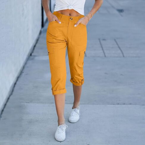 Womens Cargo Shorts Summer Cropped Capri Pants Rolled Hem Trousers Casual with Pockets Workout Outfits in Saudi Arabia