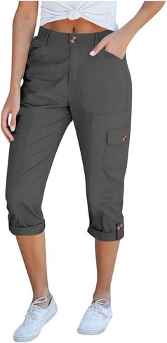 Womens Cargo Shorts Summer Cropped Capri Pants Rolled Hem Trousers Casual with Pockets Workout Outfits in Saudi Arabia