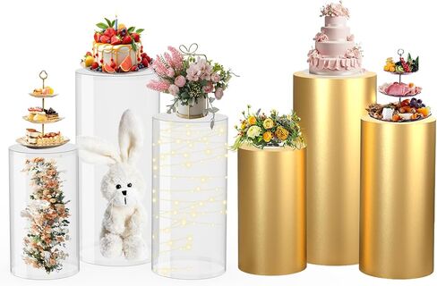 3 Pieces Clear Cylinder Stands for Party with Gold Cover, Acrylic Cylinder Pedestal Stand, Cake Pedestal Stands Sets for Display Party Wedding Birthday Baby Shower Event Decor(3PCS) in Saudi Arabia
