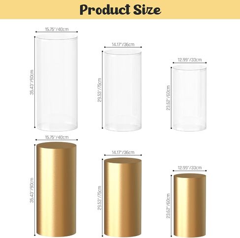 3 Pieces Clear Cylinder Stands for Party with Gold Cover, Acrylic Cylinder Pedestal Stand, Cake Pedestal Stands Sets for Display Party Wedding Birthday Baby Shower Event Decor(3PCS) in Saudi Arabia