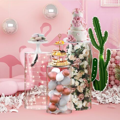 3 Pieces Clear Cylinder Stands for Party with Gold Cover, Acrylic Cylinder Pedestal Stand, Cake Pedestal Stands Sets for Display Party Wedding Birthday Baby Shower Event Decor(3PCS) in Saudi Arabia