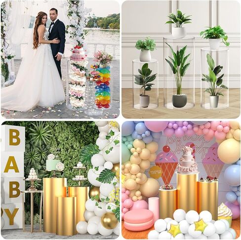 3 Pieces Clear Cylinder Stands for Party with Gold Cover, Acrylic Cylinder Pedestal Stand, Cake Pedestal Stands Sets for Display Party Wedding Birthday Baby Shower Event Decor(3PCS) in Saudi Arabia