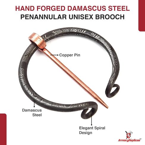 Armory Replicas™ Hand Forged Twisted Damascus Steel Penannular Brooch with Copper Pin - Unisex Renaissance in Saudi Arabia