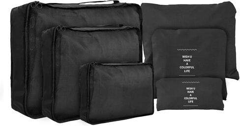 Travel Packing Cubes 6 Set ، منظمي الأمتعة الخفيفة الوزن ، إكسسوارات أساسية لأحذية الملابس ، مستلزمات مستحضرات التجميل (Black) in Kuwait