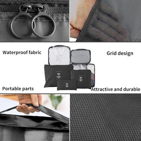 Travel Packing Cubes 6 Set ، منظمي الأمتعة الخفيفة الوزن ، إكسسوارات أساسية لأحذية الملابس ، مستلزمات مستحضرات التجميل (Black) in Kuwait