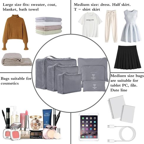 Travel Packing Cubes 6 Set ، منظمي الأمتعة الخفيفة الوزن ، إكسسوارات أساسية لأحذية الملابس ، مستلزمات مستحضرات التجميل (Black) in Kuwait