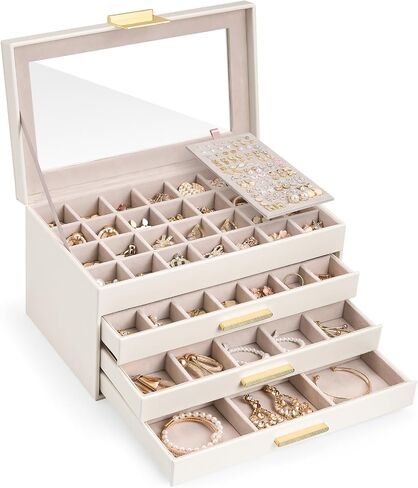 Lolalet Earring Storage Box Case, Large Earring Jewelry Holder Organizer for Women, Glass Top Display, with Drawer and Grid -2 Tiers，White in Saudi Arabia