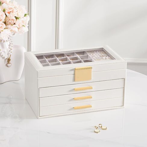 Lolalet Earring Storage Box Case, Large Earring Jewelry Holder Organizer for Women, Glass Top Display, with Drawer and Grid -2 Tiers，White in Saudi Arabia
