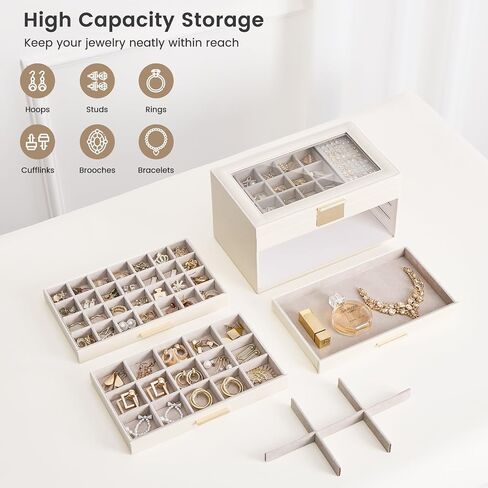 Lolalet Earring Storage Box Case, Large Earring Jewelry Holder Organizer for Women, Glass Top Display, with Drawer and Grid -2 Tiers，White in Saudi Arabia