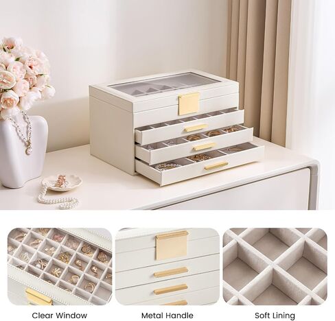Lolalet Earring Storage Box Case, Large Earring Jewelry Holder Organizer for Women, Glass Top Display, with Drawer and Grid -2 Tiers，White in Saudi Arabia