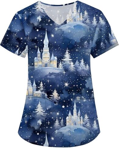 Petyczen Womens Christmas Scrub Tops Funny Print v Neck Dritic Short Sleeve Stretch Anti Grinkle Massing Usiform مع جيوب in Kuwait
