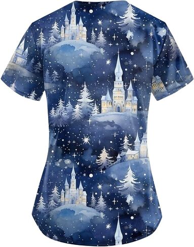 Petyczen Womens Christmas Scrub Tops Funny Print v Neck Dritic Short Sleeve Stretch Anti Grinkle Massing Usiform مع جيوب in Kuwait