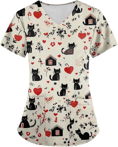 Scrub Tops for Women Medical Workwear Stretch Fashion Funny Printed Plus Size Short Sleeve Nursing Uniform Scrub Tops in Saudi Arabia