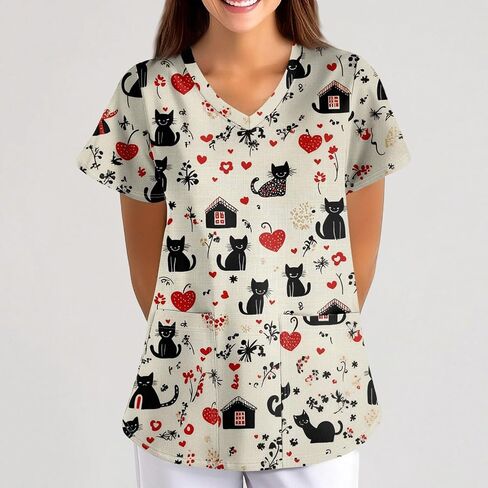 Scrub Tops for Women Medical Workwear Stretch Fashion Funny Printed Plus Size Short Sleeve Nursing Uniform Scrub Tops in Saudi Arabia