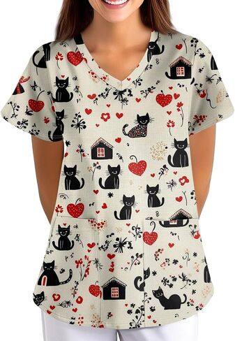 Scrub Tops for Women Medical Workwear Stretch Fashion Funny Printed Plus Size Short Sleeve Nursing Uniform Scrub Tops in Saudi Arabia