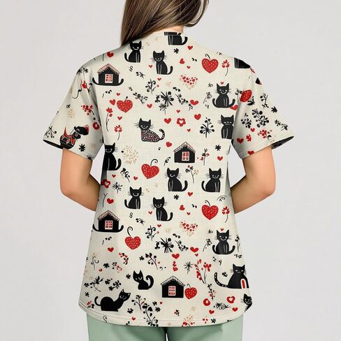 Scrub Tops for Women Medical Workwear Stretch Fashion Funny Printed Plus Size Short Sleeve Nursing Uniform Scrub Tops in Saudi Arabia