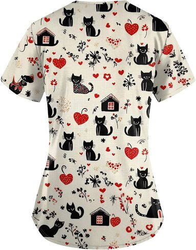 Scrub Tops for Women Medical Workwear Stretch Fashion Funny Printed Plus Size Short Sleeve Nursing Uniform Scrub Tops in Saudi Arabia