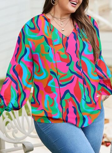 Eytino Women Plus Size Boho Floral Printed Tops Casual V Neck Long Sleeve Drawstring Blouses Shirts(1X-5X) in Kuwait