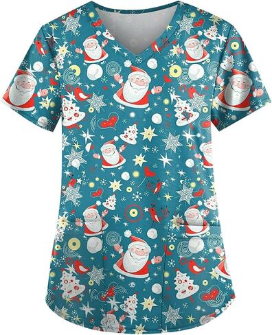 Petyczen Womens Christmas Scrub Tops Funny Print v Neck Dritic Short Sleeve Stretch Anti Grinkle Massing Usiform مع جيوب in Kuwait