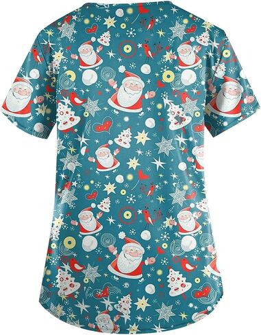 Petyczen Womens Christmas Scrub Tops Funny Print v Neck Dritic Short Sleeve Stretch Anti Grinkle Massing Usiform مع جيوب in Kuwait