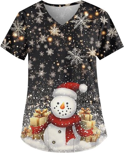 Petyczen Womens Christmas Scrub Tops Funny Print v Neck Dritic Short Sleeve Stretch Anti Grinkle Massing Usiform مع جيوب in Kuwait