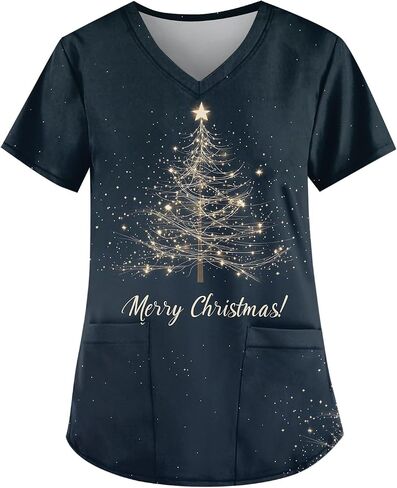 Petyczen Womens Christmas Scrub Tops Funny Print v Neck Dritic Short Sleeve Stretch Anti Grinkle Massing Usiform مع جيوب in Kuwait