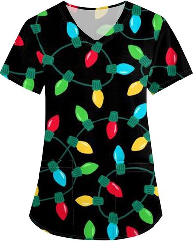Petyczen Womens Christmas Scrub Tops Funny Print v Neck Dritic Short Sleeve Stretch Anti Grinkle Massing Usiform مع جيوب in Kuwait